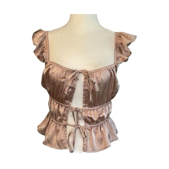 Forever 21 Satin Ruffle Trim Tie Front Top Pale Peach Square Neck Cropped S - Picture 2 of 9